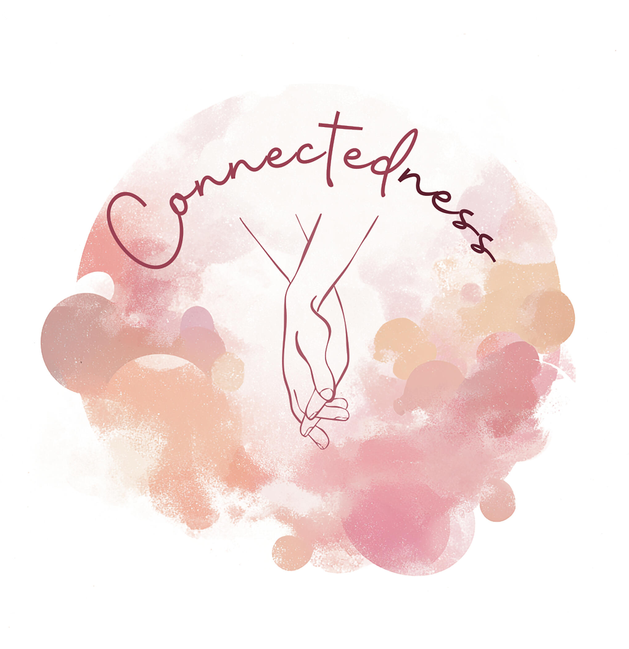 Logo Connectedness Logo Contentedness, seksuologische praktijk rond intimiteit en verbondenheid, met twee handgetekende handen boven pastelwolken